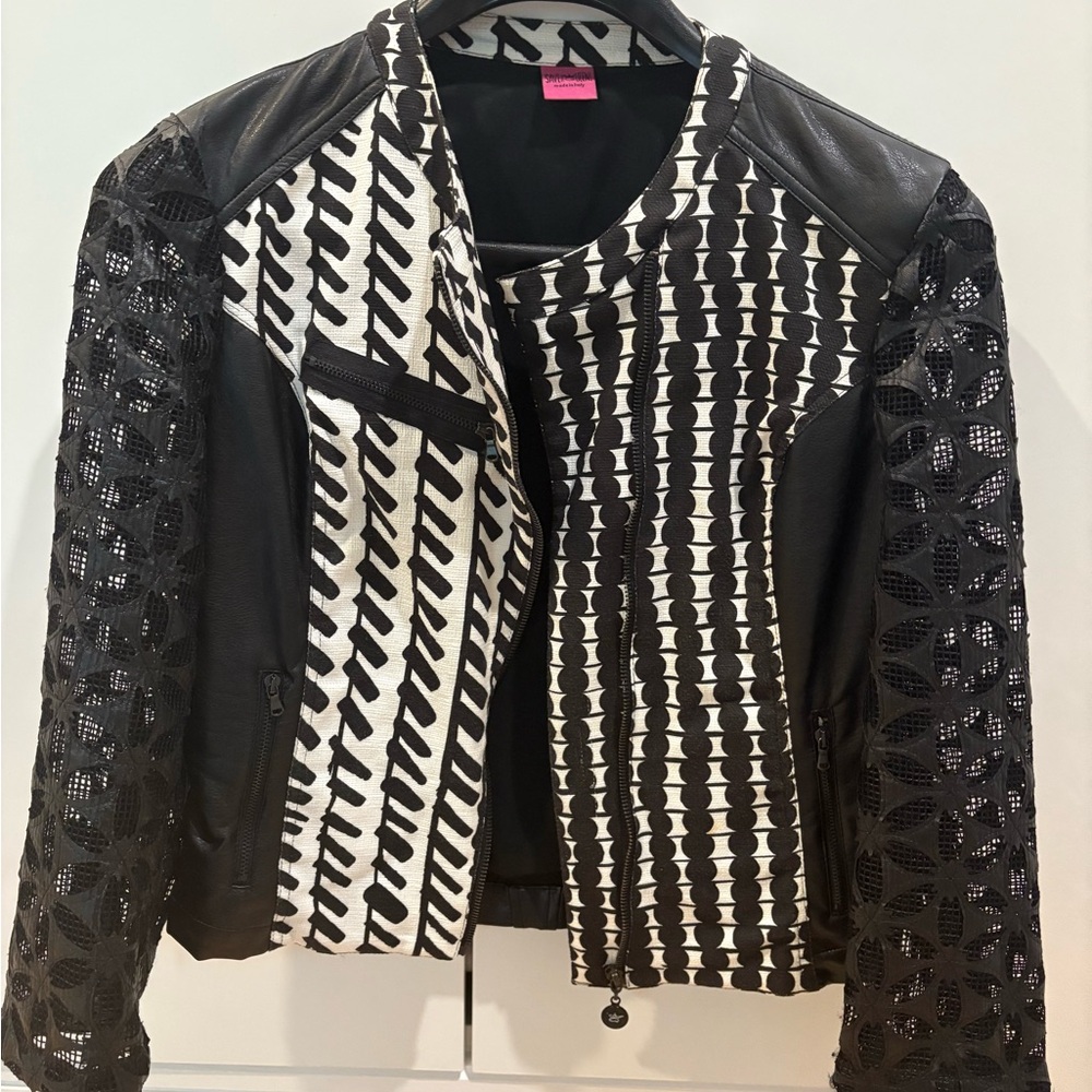 Save The Queen Geometric Print Leather Mesh Jacket - Picture 3 of 10